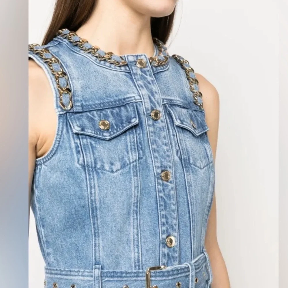 Michael Kors Denim Sleeveless Dress with Gold Chain Neck Details - Picture 2 of 4
